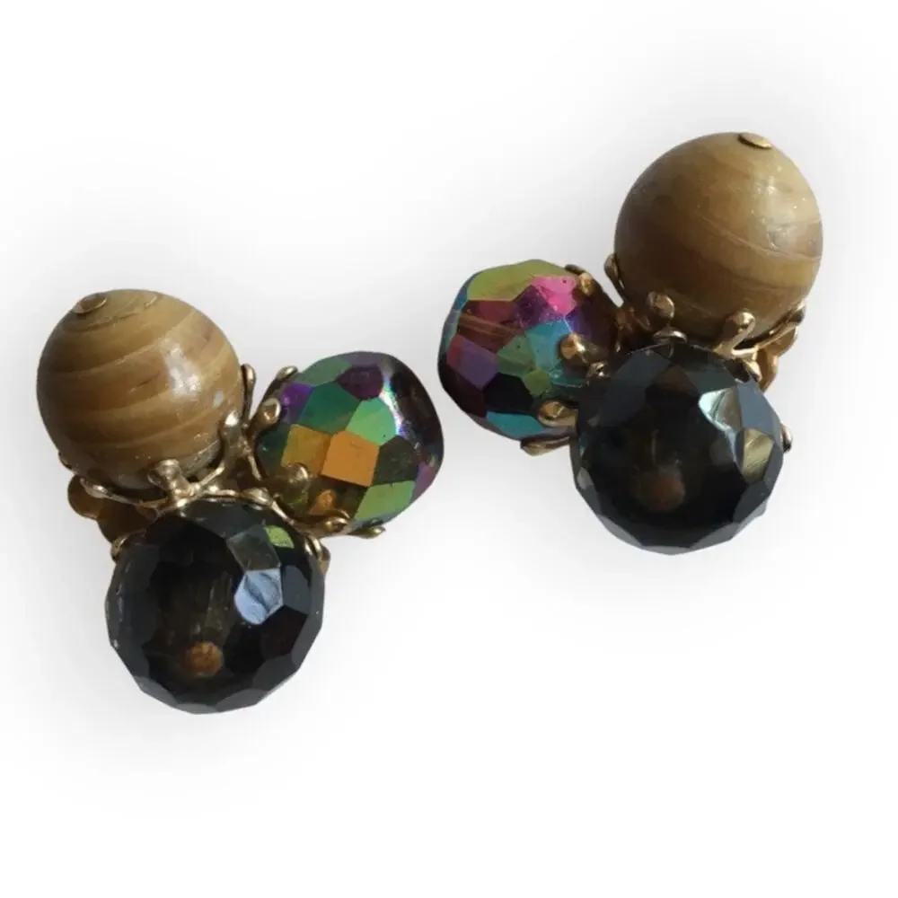 Earth tone large bead cluster clip-on earrings